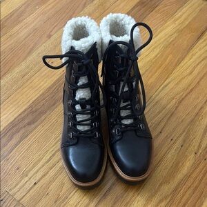 Marc Fisher Black and White Lace Up Boots with Shearling Lining